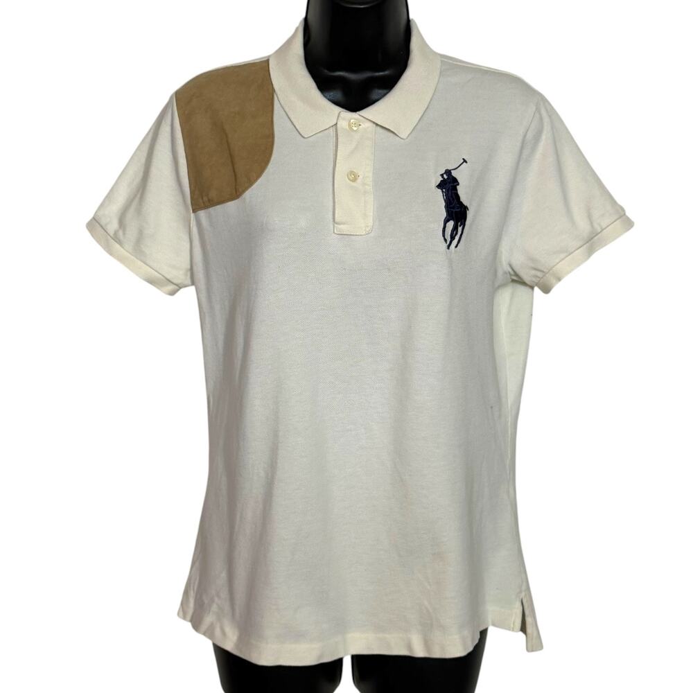 Vtg Ralph Lauren Sport Big Pony Polo Suede Patch Shirt Cream White L/XL Slim Y2K